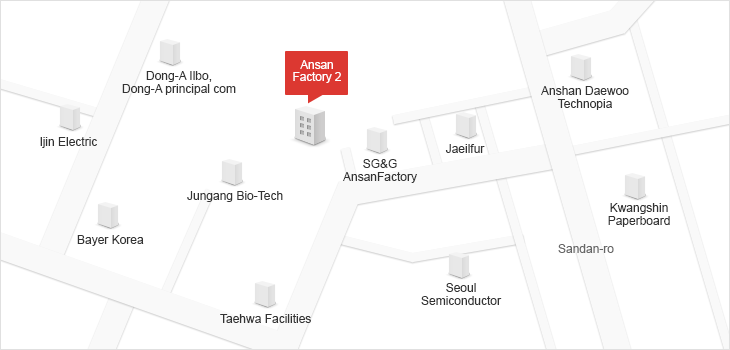 From Ansan Station intersection, go past Ansan distribution complex. After going straight for 400M towards IBK Bank (BanwolHightech branch) intersection Wonsiro, enter right side of the road and go straight for 100M to get to LOTTE ALUMINIUM’sAnsan Factory 2.