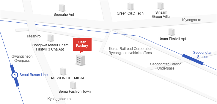 From Gyeonggi-daero, go straight towards Byeongjeom pedestrian bridge and turn right towards Sema Fashion Town. Go past DaewonHwasung and go straight for 100M to get to LOTTE ALUMINIUM’sOsan Factory.