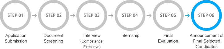 STEP01 Application submission, STEP02 Document Screening, STEP03 Interview (Competence, Executive), STEP04 Internship, STEP05 Final Evaluation, STEP06 Announcement of Final Selected Candidates